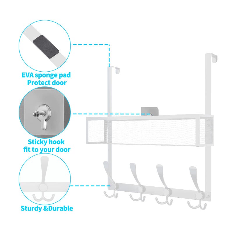 Kaiferty Over The Door Hooks Organizer Over Door Hanger Towel Rack Mesh Basket with 12 Hooks Back of Door Storage Organizer for Bedroom Bathroom Kitchen Office(White) - Image 5